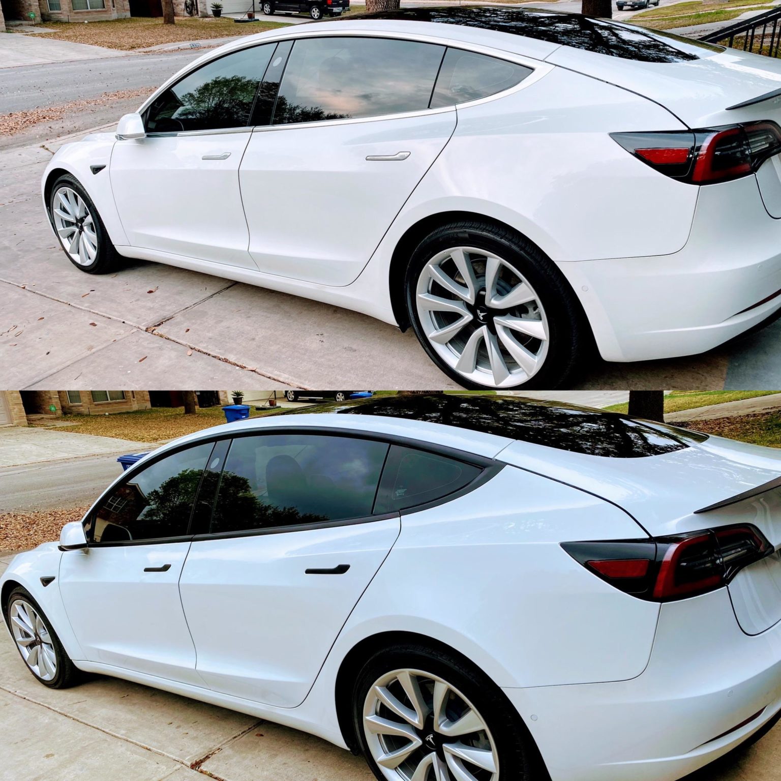 Before and After of White Tesla Model 3 with chrome delete – Tesla 